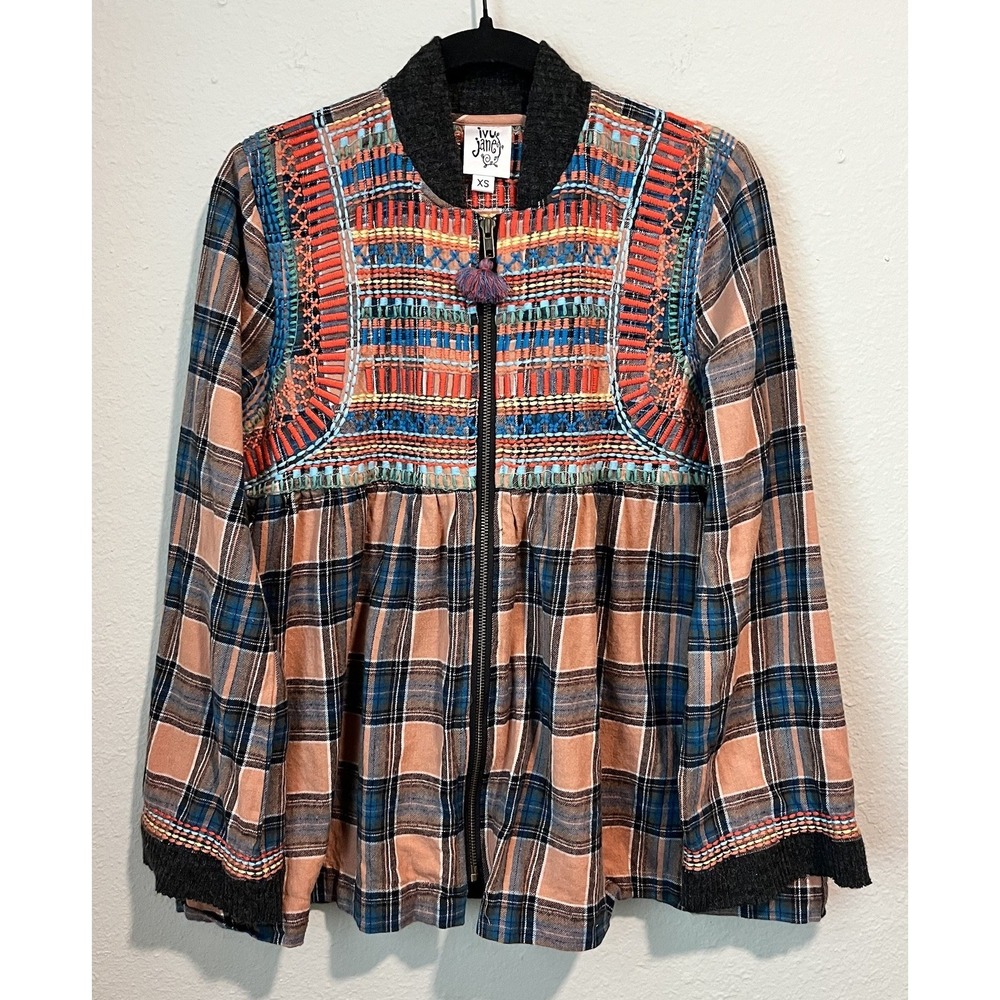 Ivy Jane Women's Top Size XS Full Zip Plaid Embroidered Mixed Media Artsy Color